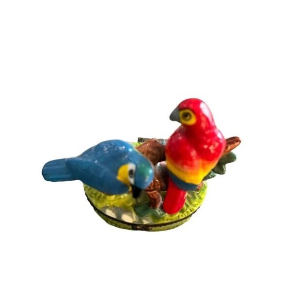 Vintage Trinket Box Green Perching Parrots with Painted Branch - Picture 2 of 3